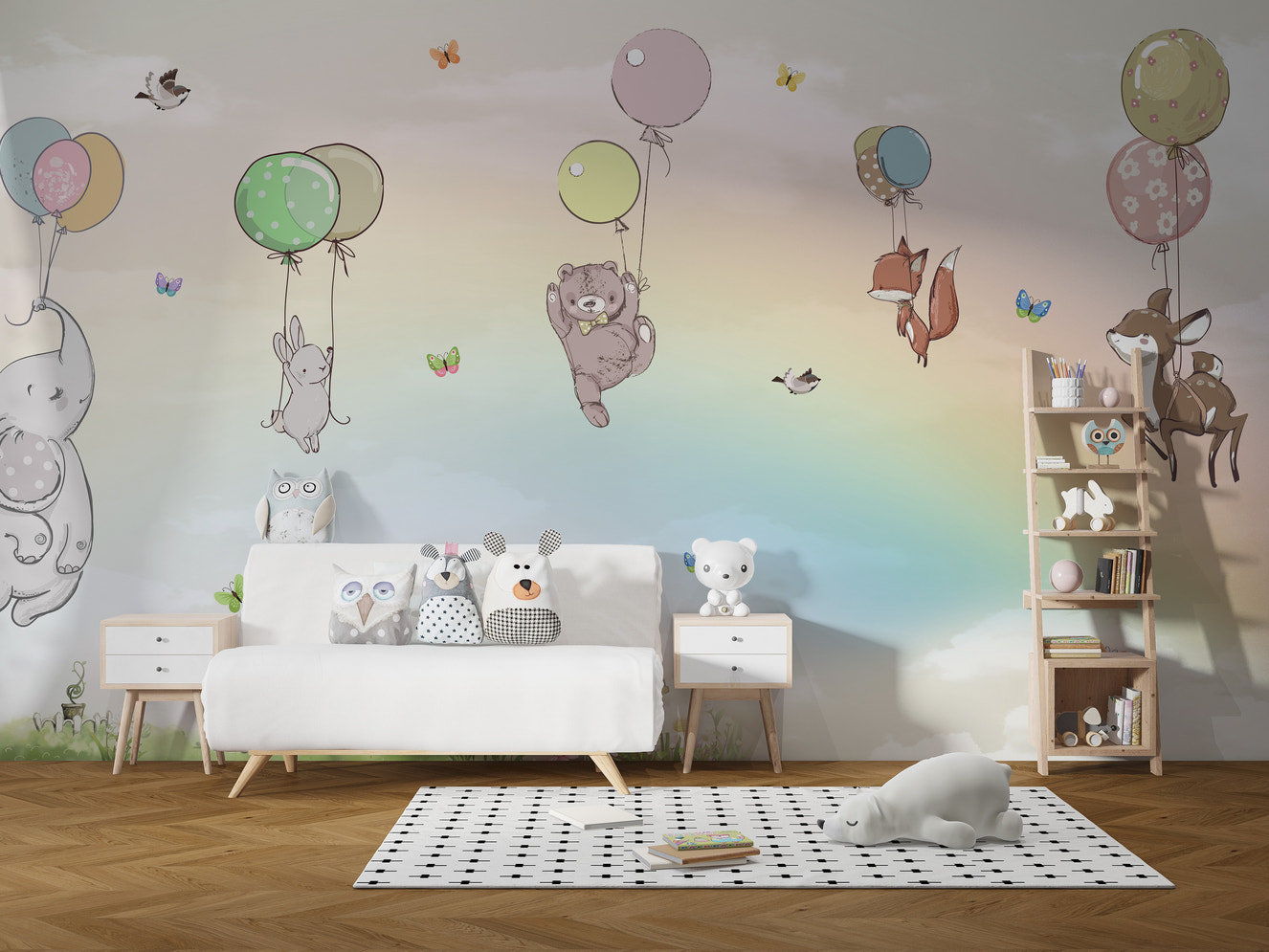 Flying animals with balloons kids wallpaper