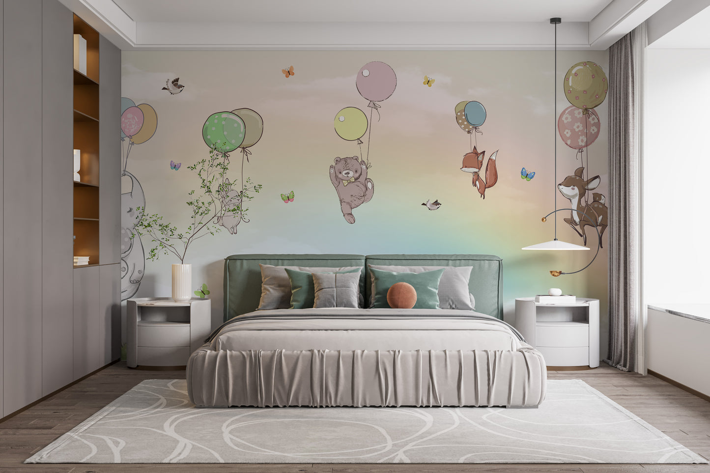 Flying Animals With Balloons Kids Room Wallpaper Mural