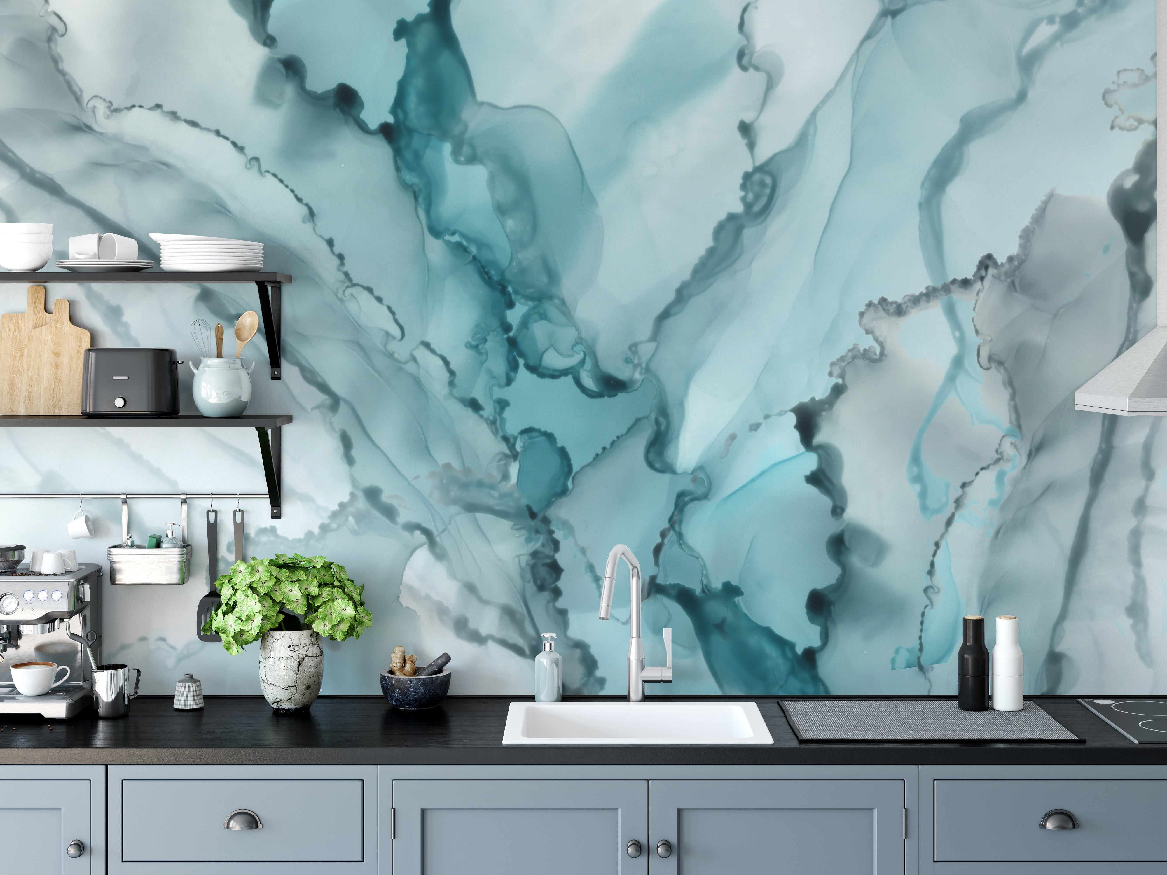 Luxury cyan and white marble wallpaper for kitchen