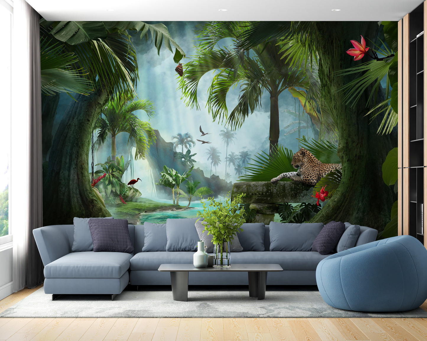 Forest lagoon wallpaper mural with panther