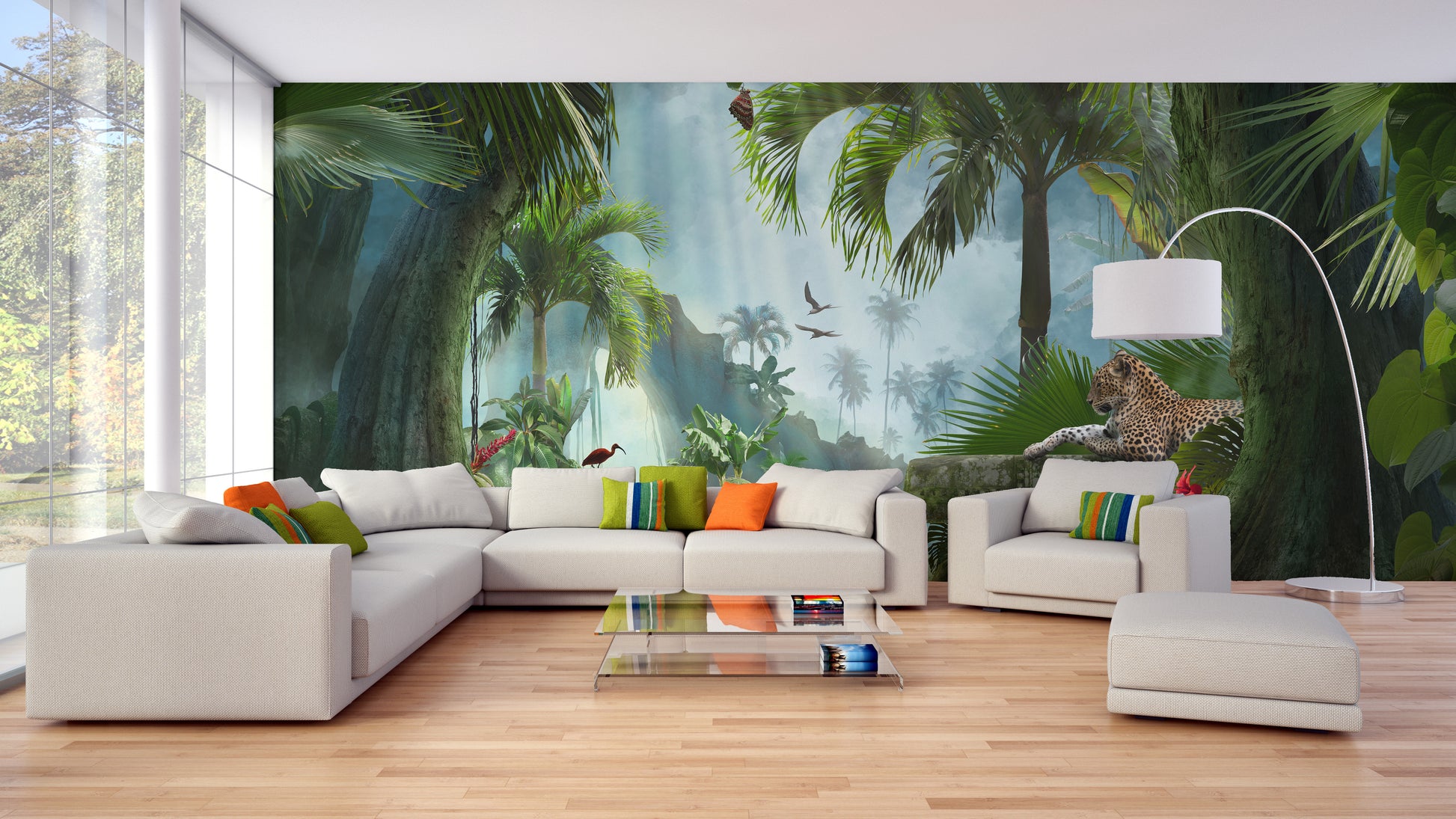 Peel-and-stick forest lagoon wallpaper mural