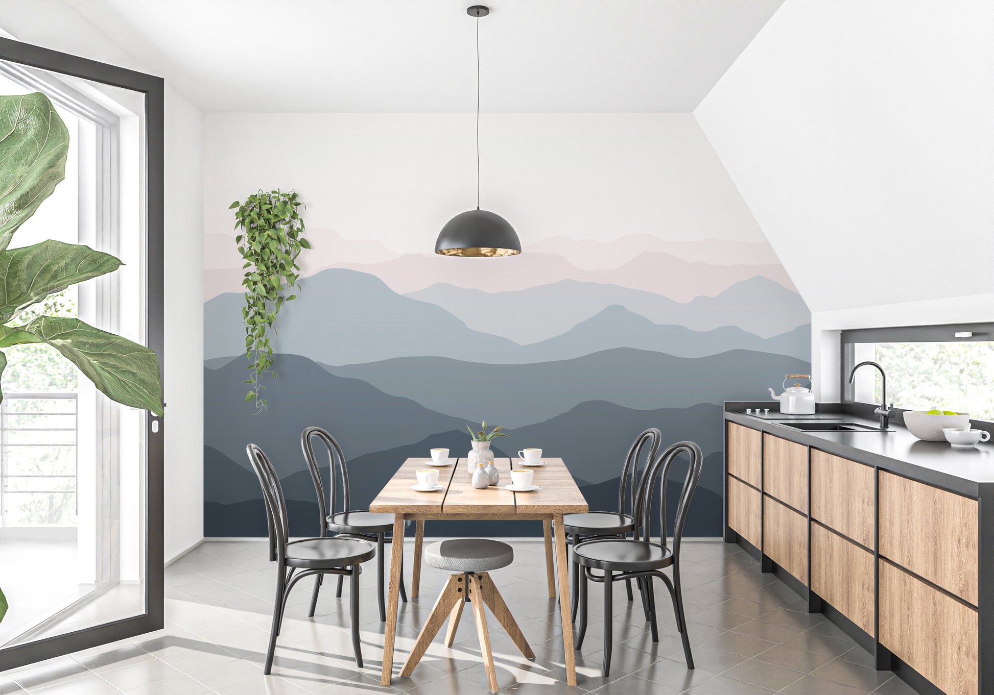 Peaceful mountain wallpaper for kitchen