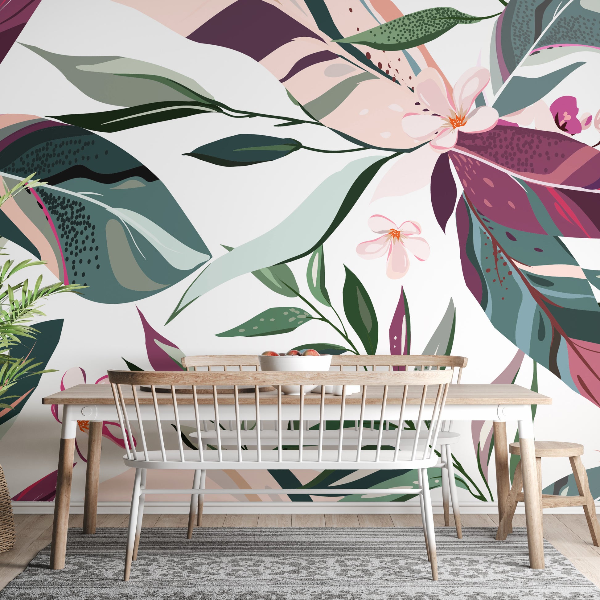 Hand-Painted Tropical Leaflets Wallpaper Mural