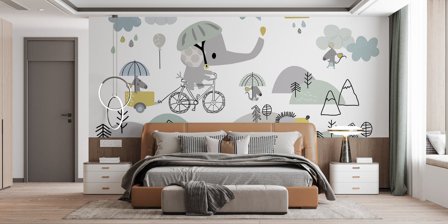 Playful Elephant and Mouse Wall Mural