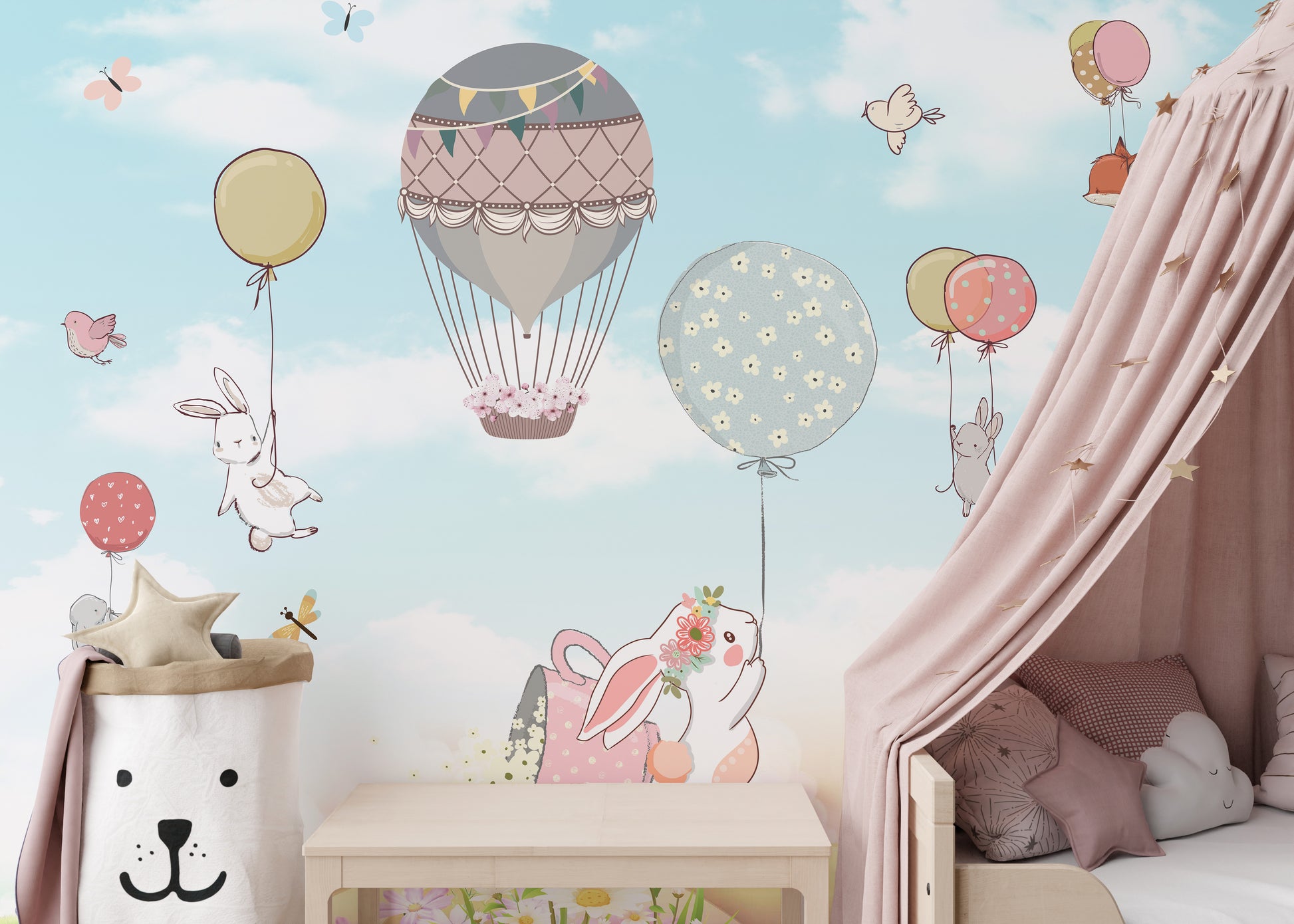 Floral Balloon Adventure Bunny Wallpaper