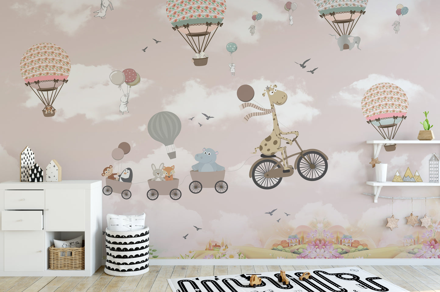 Balloon animals wallpaper mural with pink safari sky backdrop.
