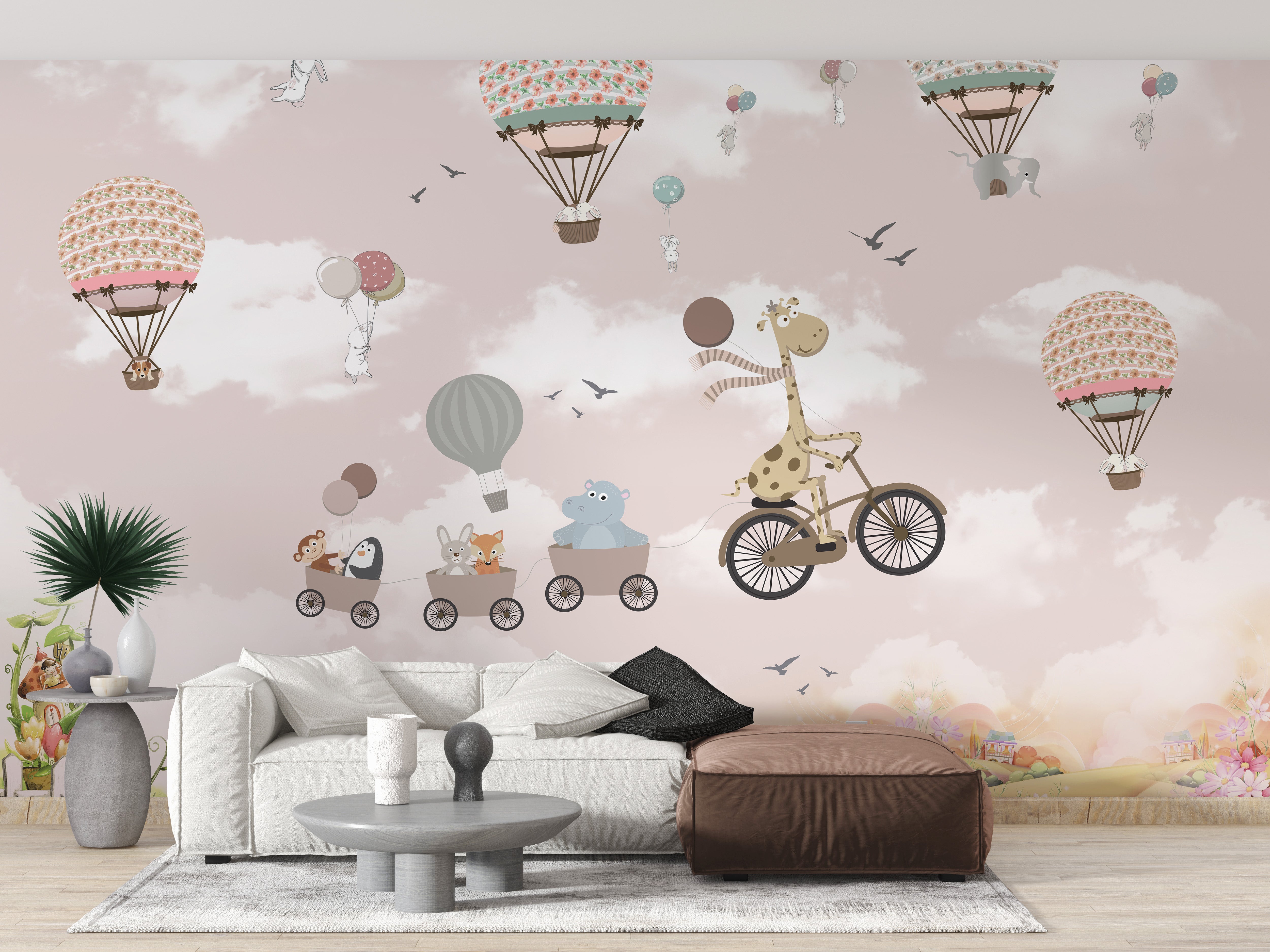 Whimsical pink sky wallpaper with safari animals in hot air balloons.
