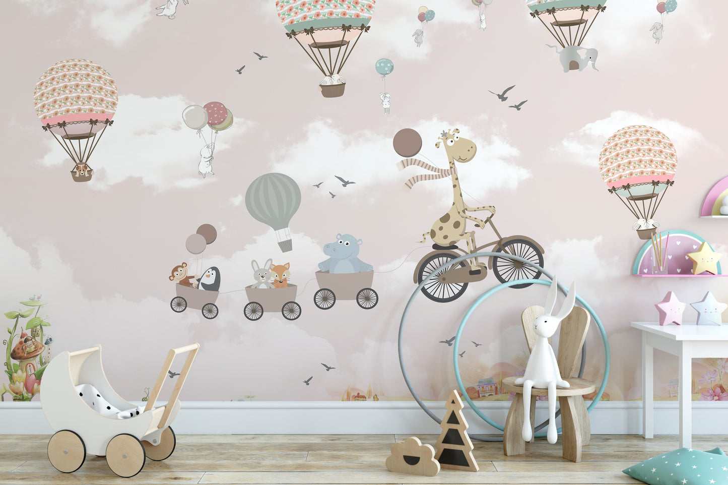 Safari-themed wallpaper mural with pink sky and floating balloons.
