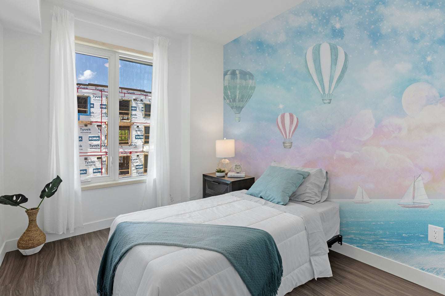 Whimsical pink and blue cloud wallpaper mural