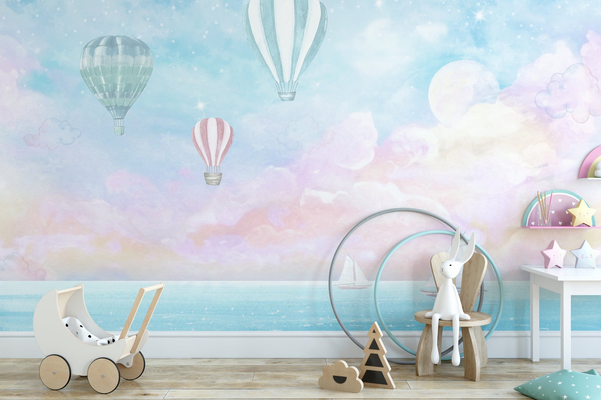 Hot air balloon wallpaper with candy clouds