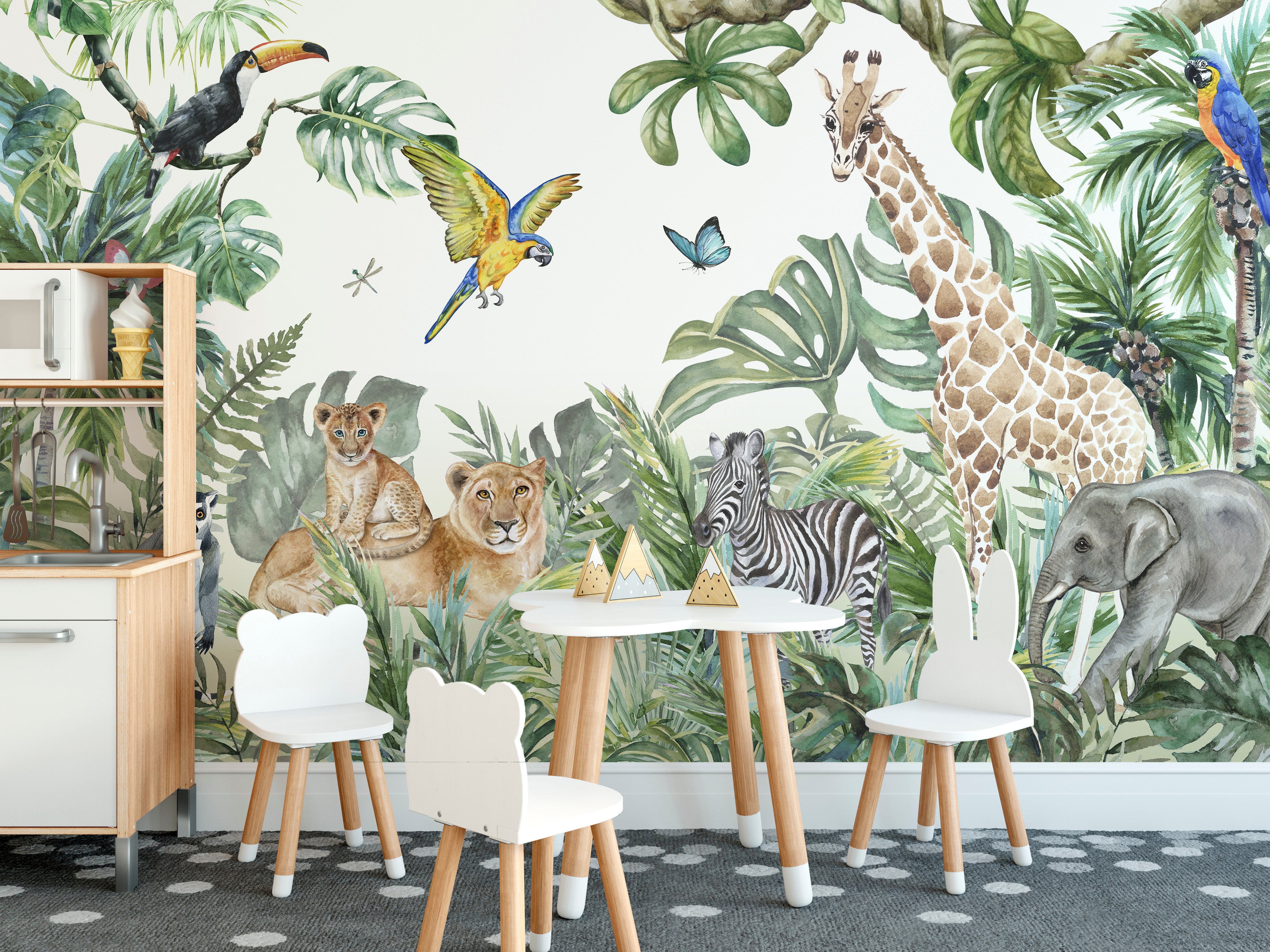 Safari-Themed Jungle Wallpaper with Giraffes and Elephants