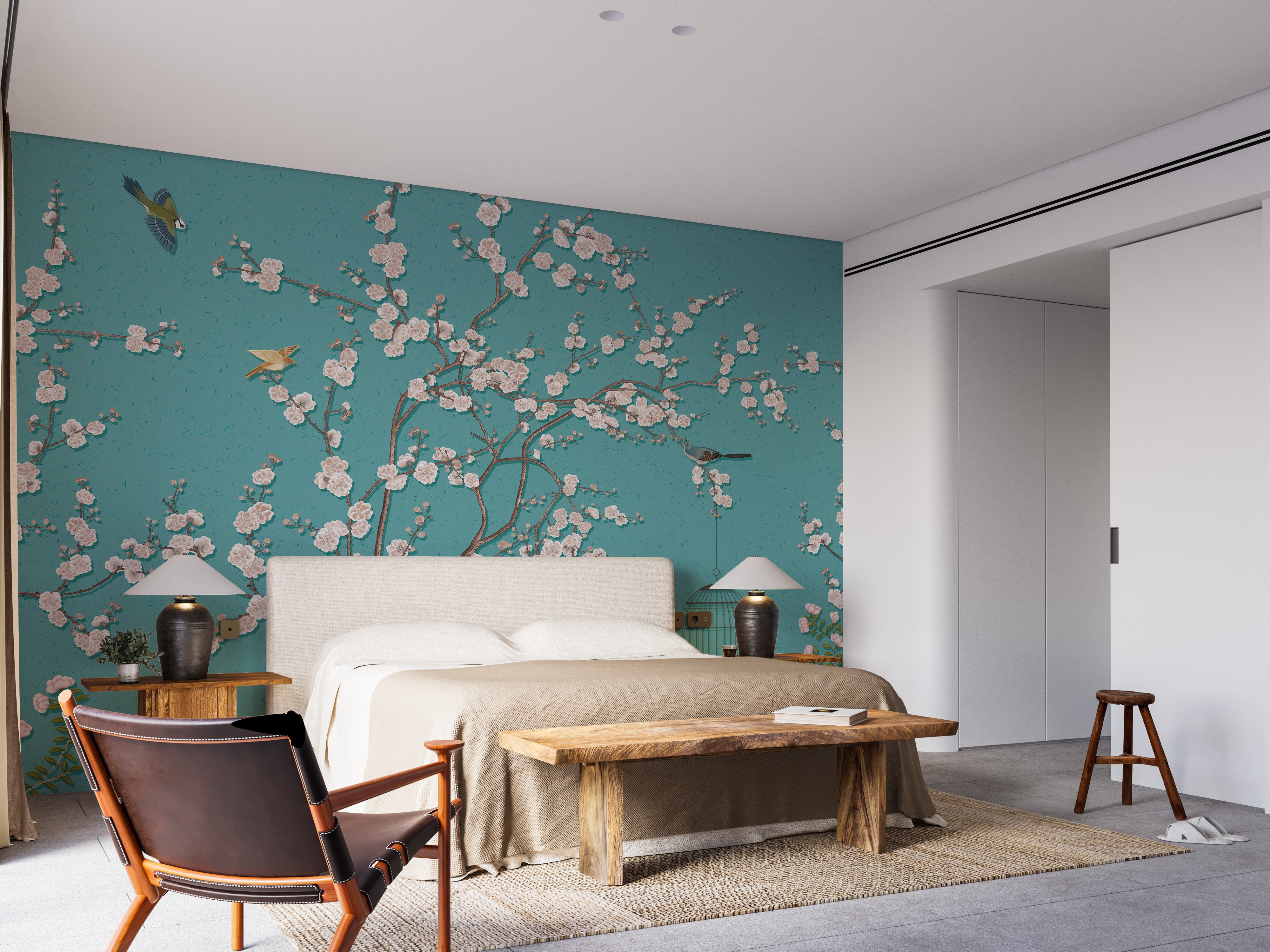 Birds and plum blossoms bedroom wallpaper art
