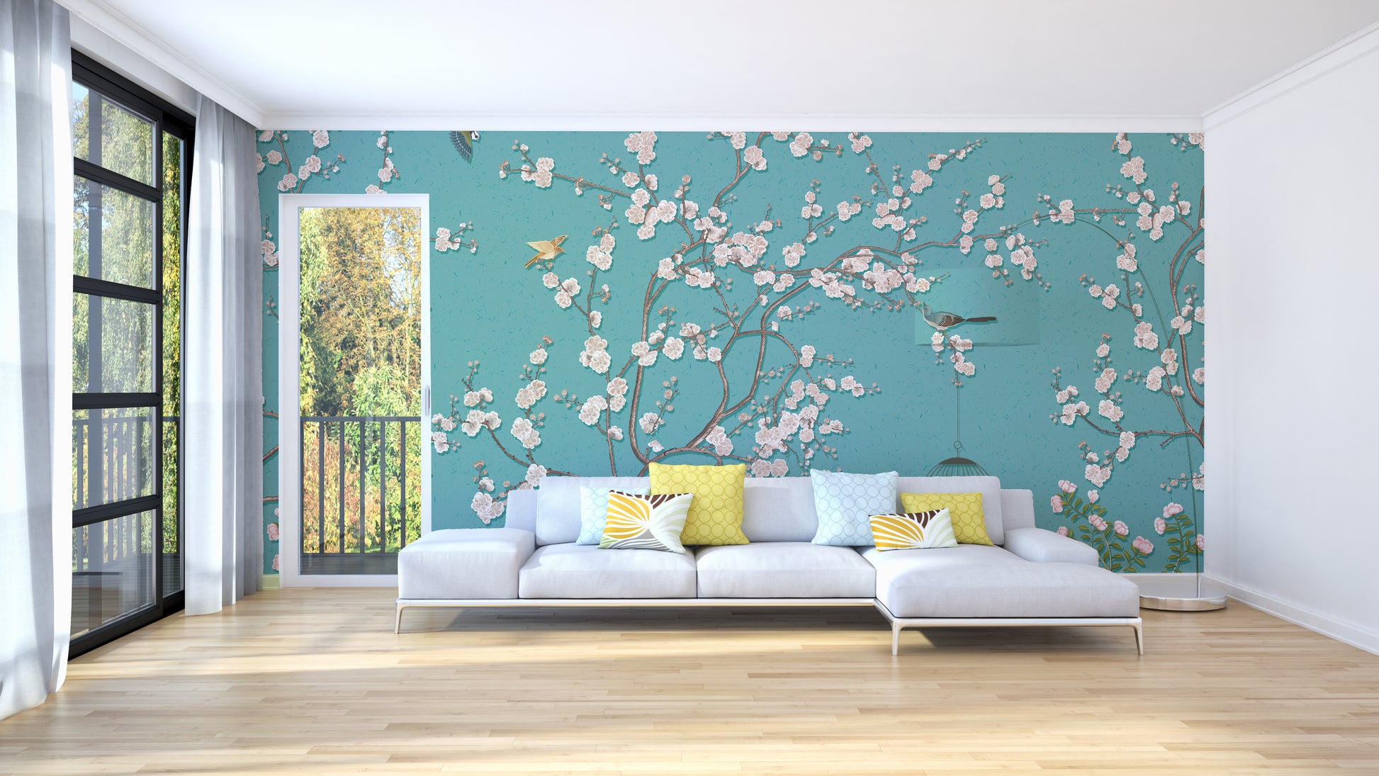 Teal wallpaper with floral plum design
