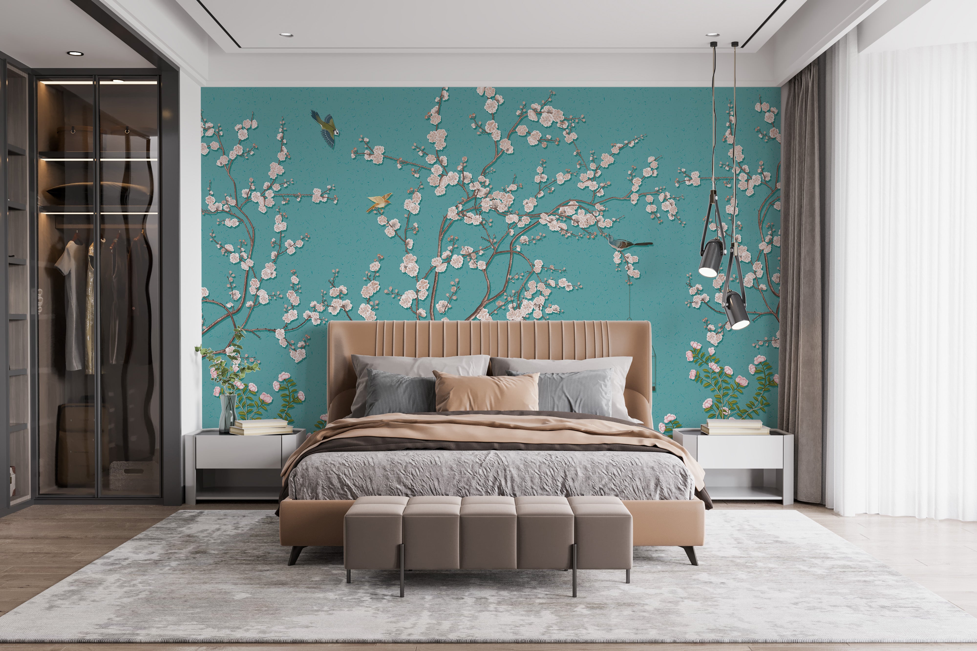 Wall mural of blossoms with teal tones
