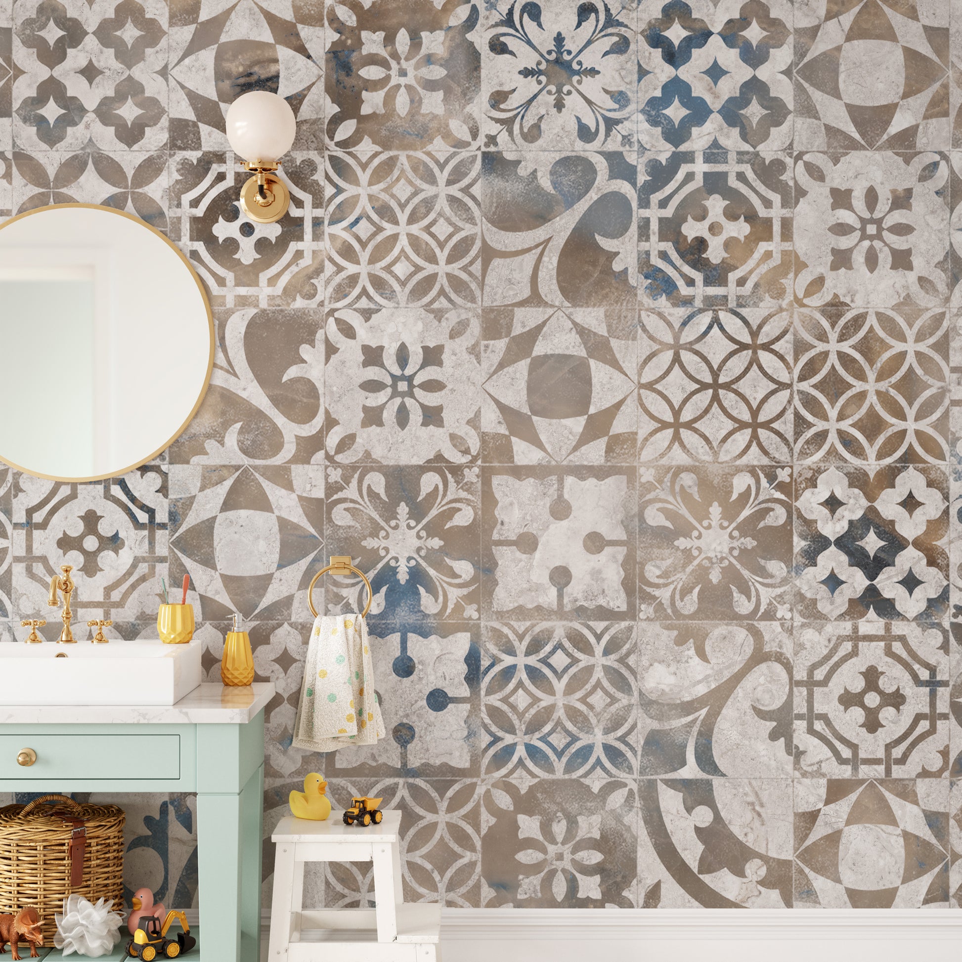 Classic tile pattern metallic wallpaper mural
