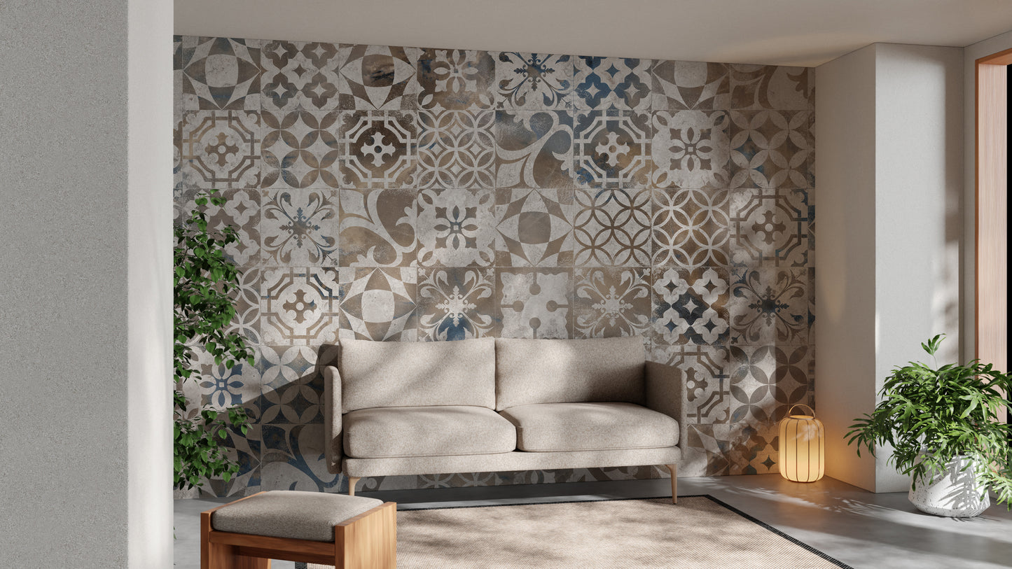 Retro-inspired metallic mosaic wall decor
