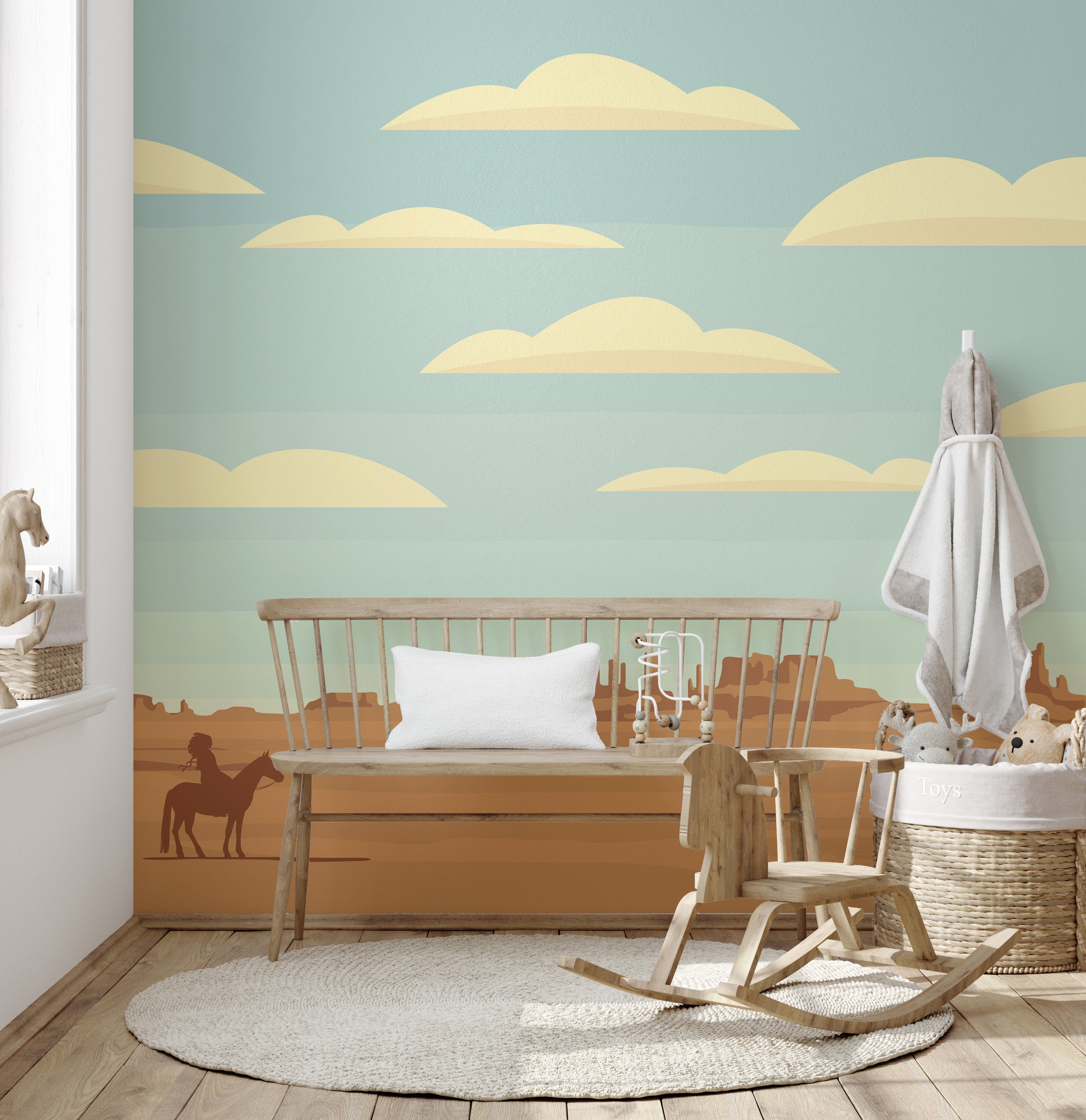 Prairie-inspired wallpaper with horse rider
