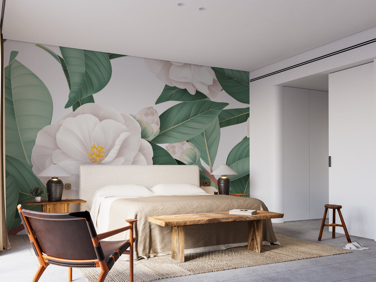 Sophisticated white camellia wallpaper mural for modern spaces.
