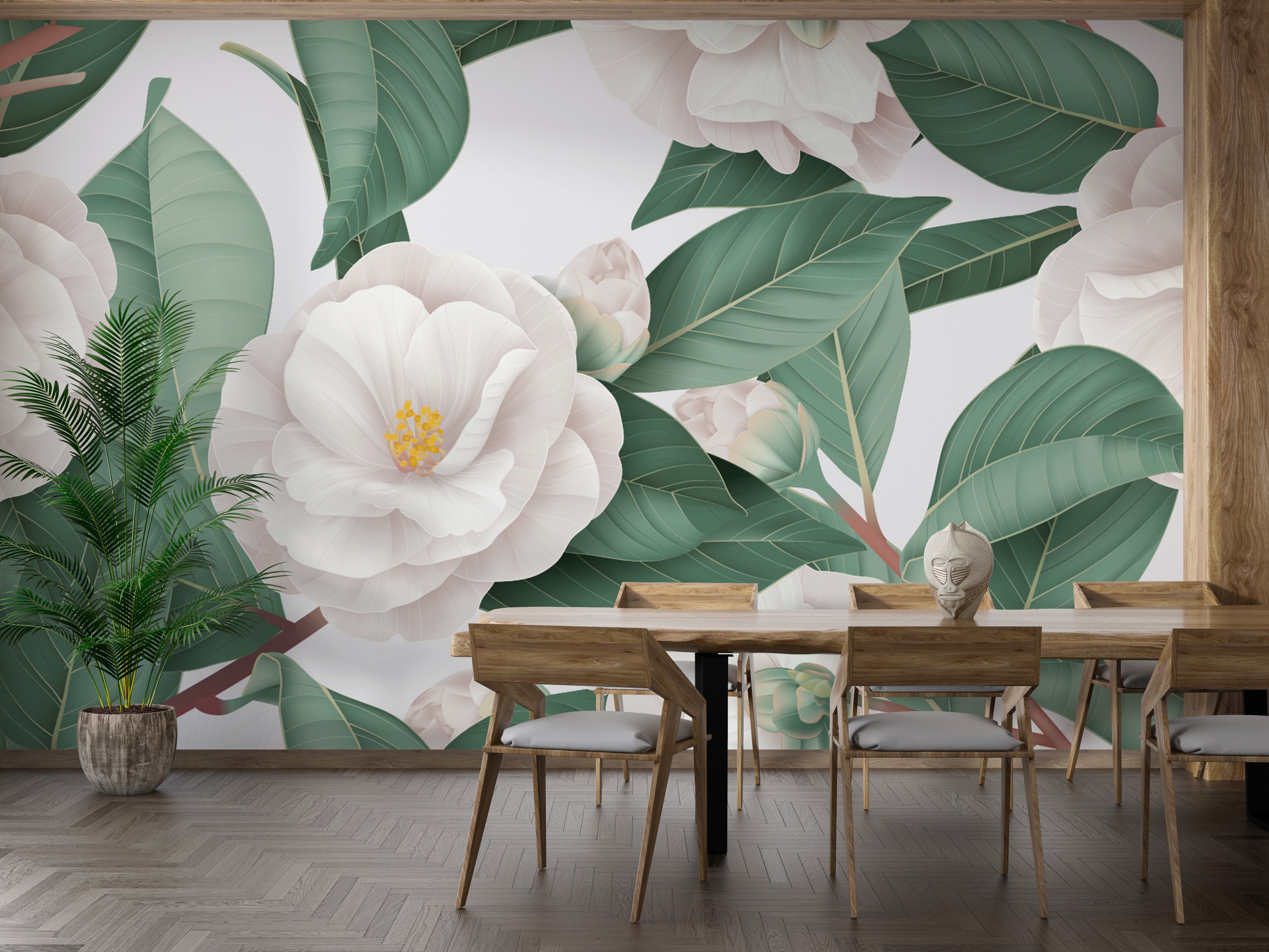 Beautiful camellia flowers wallpaper mural with white petals.
