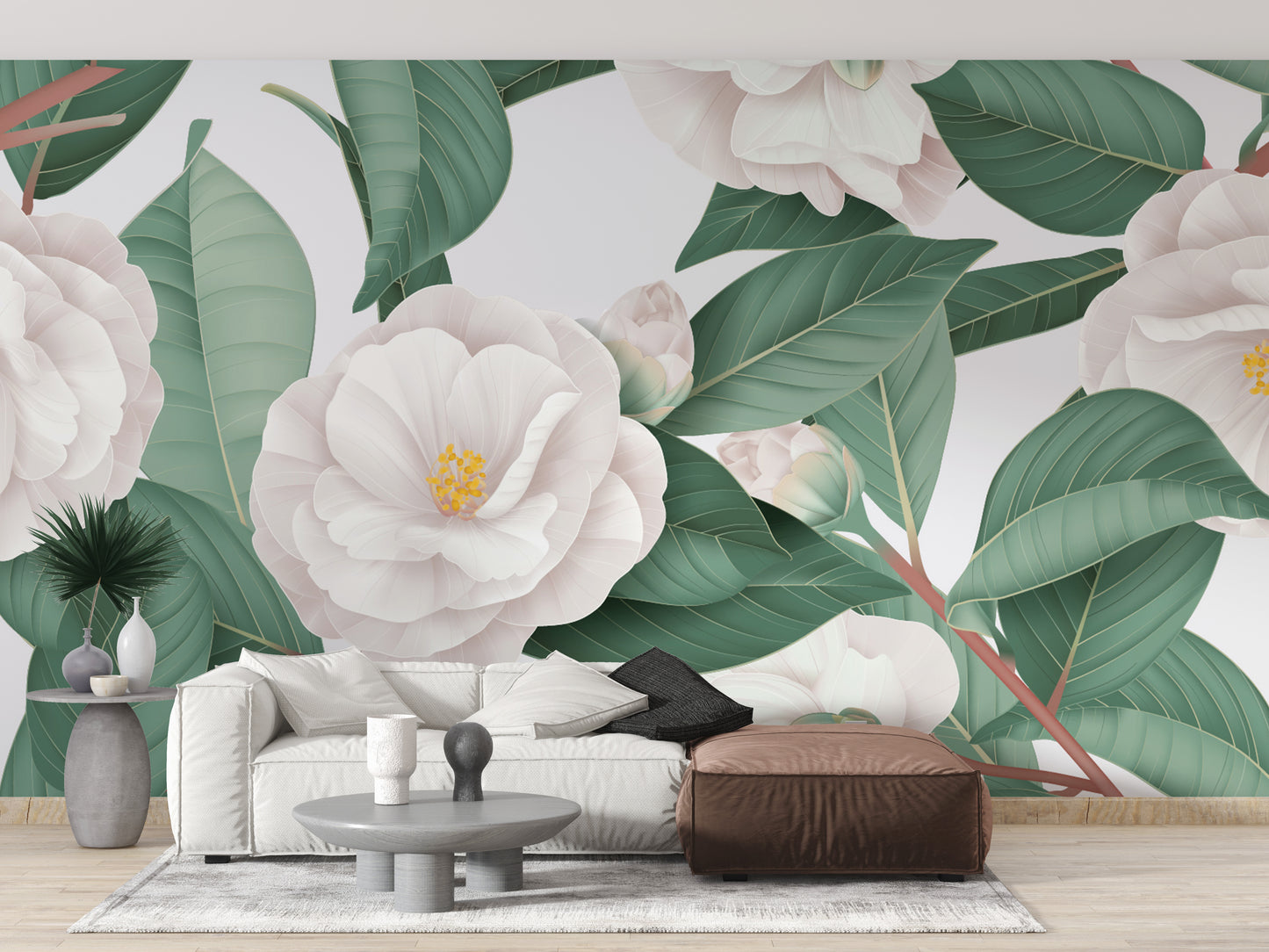 White camellia wallpaper mural for a fresh and elegant look.
