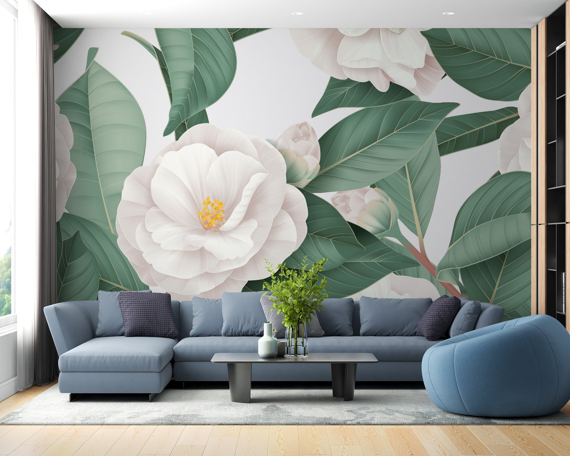 Luxurious white camellia wallpaper mural with a soft touch.
