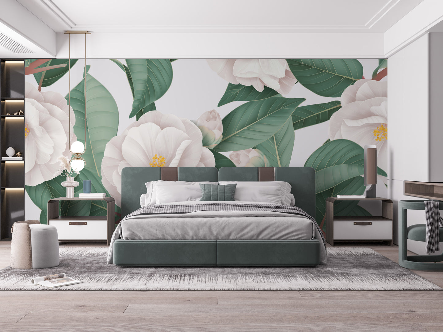 Camellia flowers wallpaper mural in timeless white tones.
