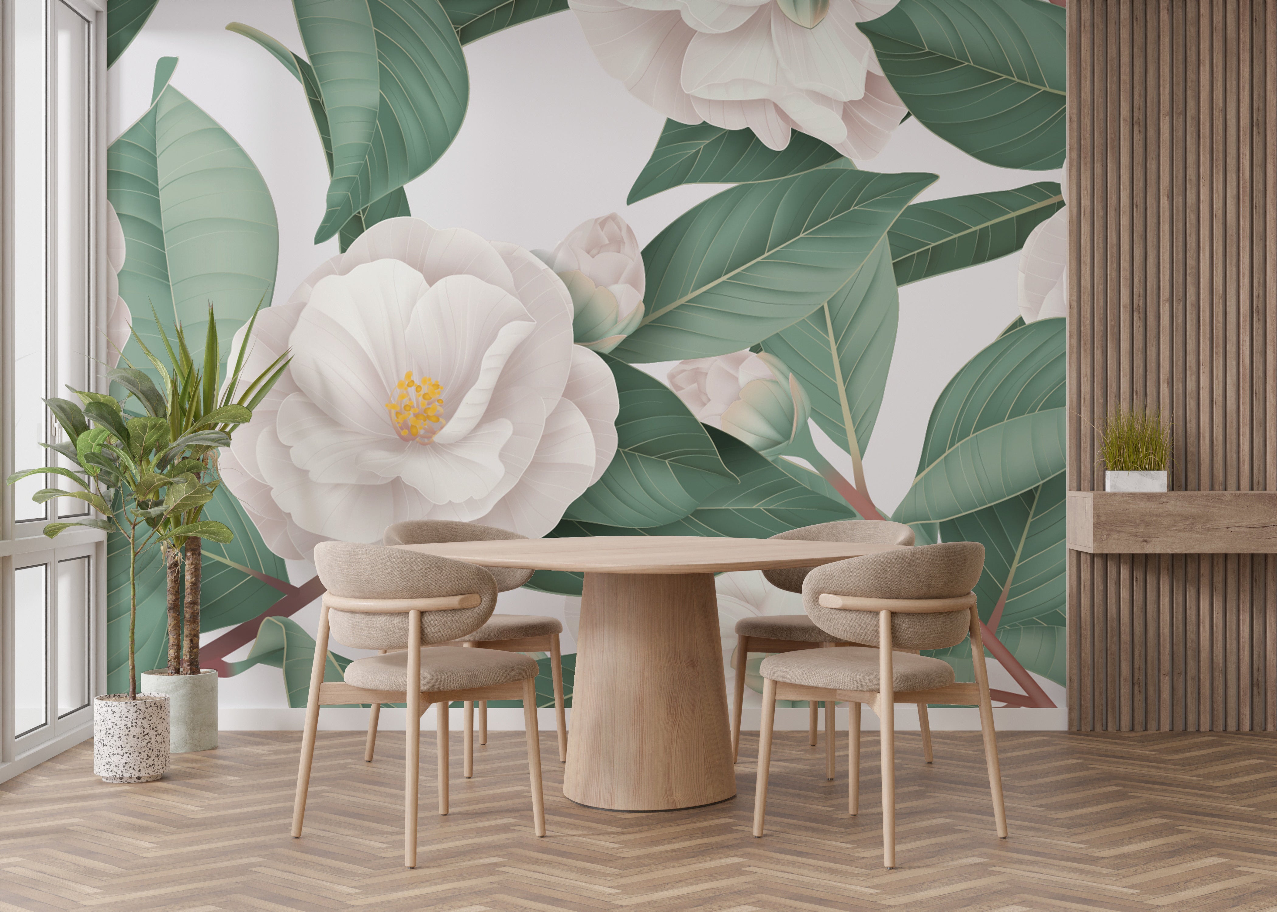 White camellia flowers mural wallpaper for classic interiors.
