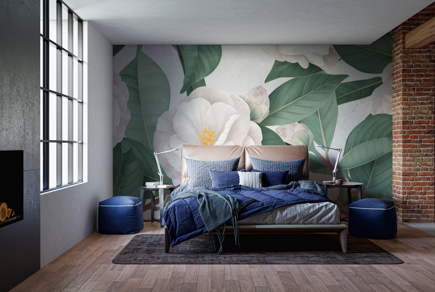 Graceful wallpaper mural featuring white camellia blossoms.
