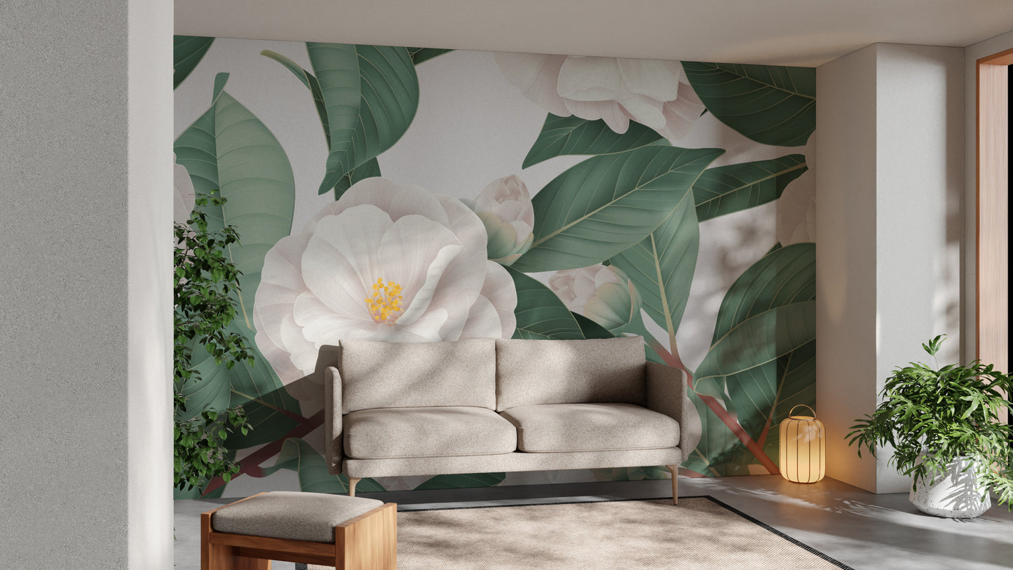 White camellia flower wallpaper mural with delicate details.
