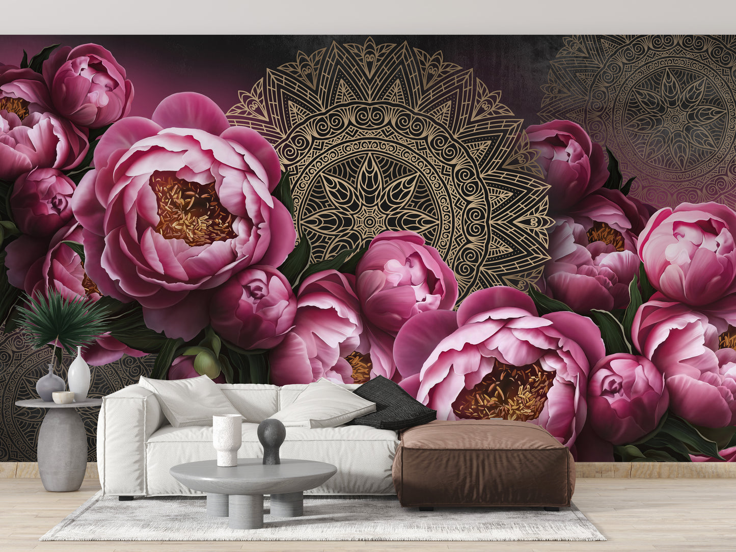 Luxurious floral mandala mural for living room walls
