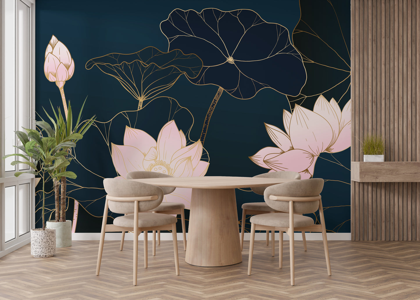 Luxurious lotus mural with golden accents design
