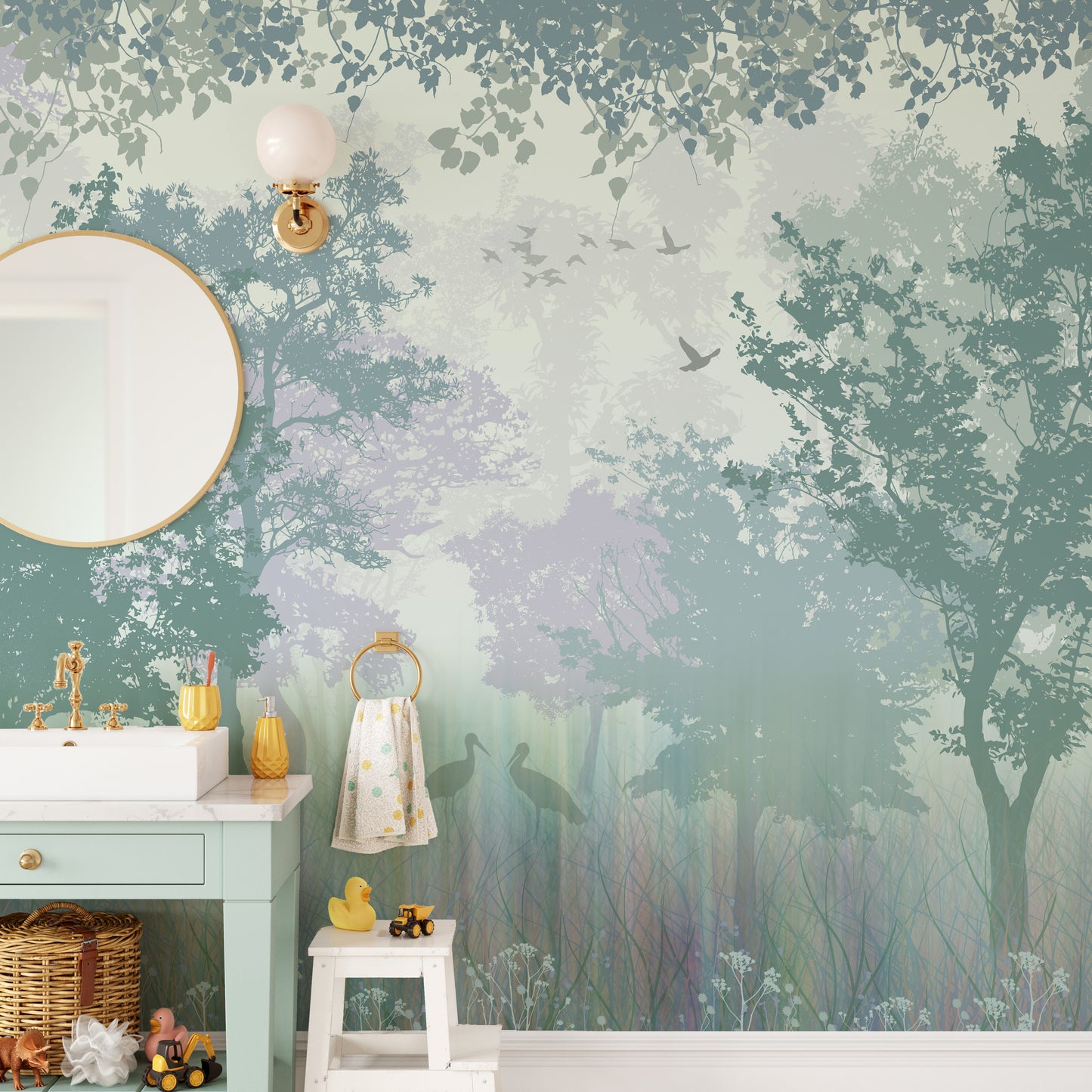 Forest Green Wallpaper with Serene Herons