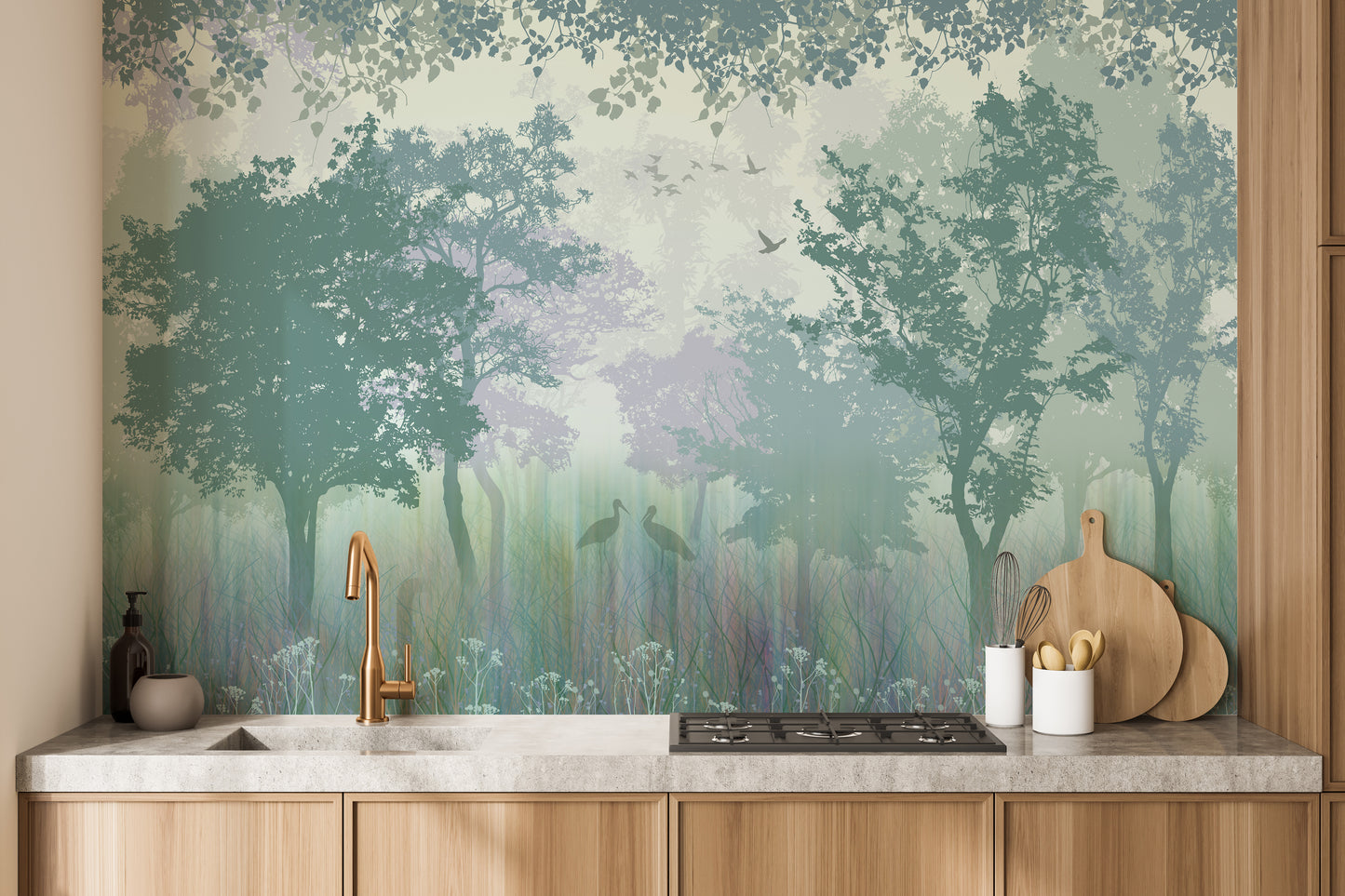 Forest Green Wallpaper with Serene Herons