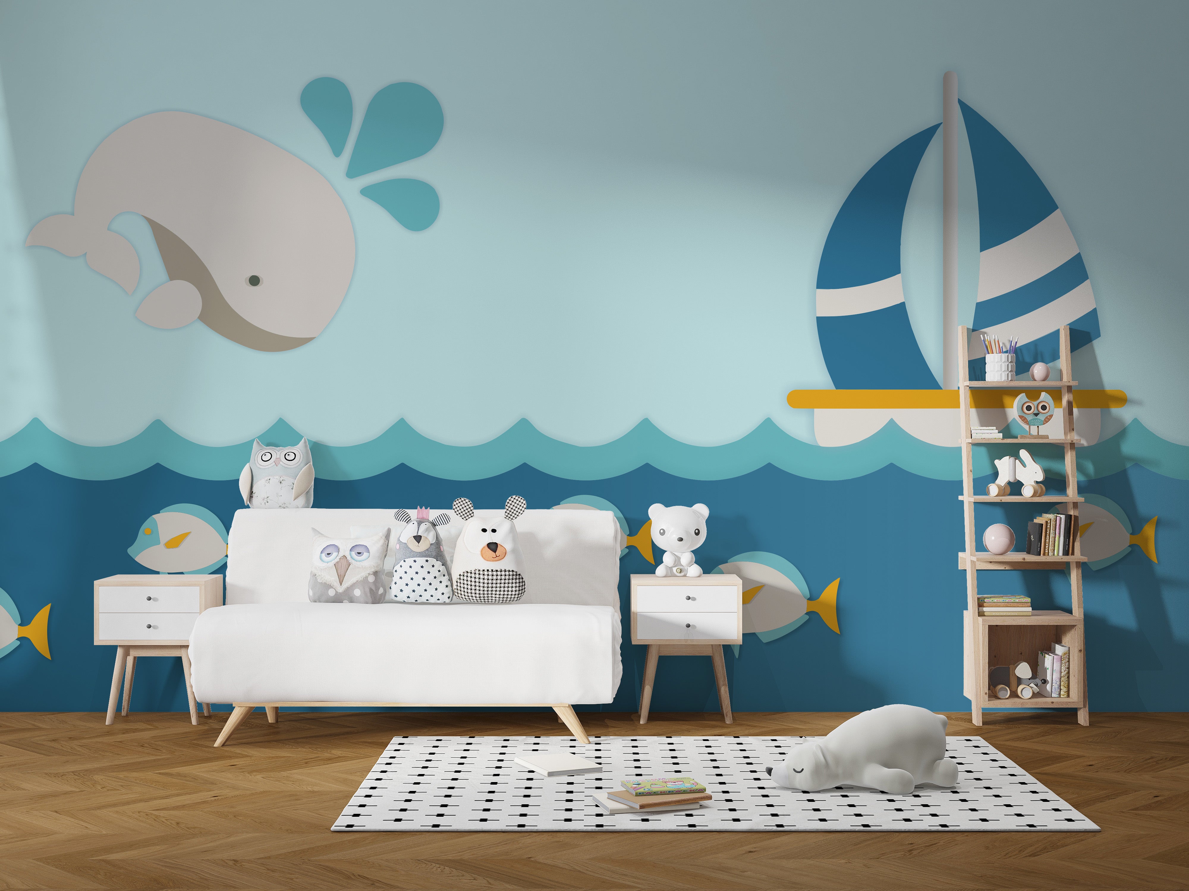 Nautical-themed nursery wallpaper mural with whale design
