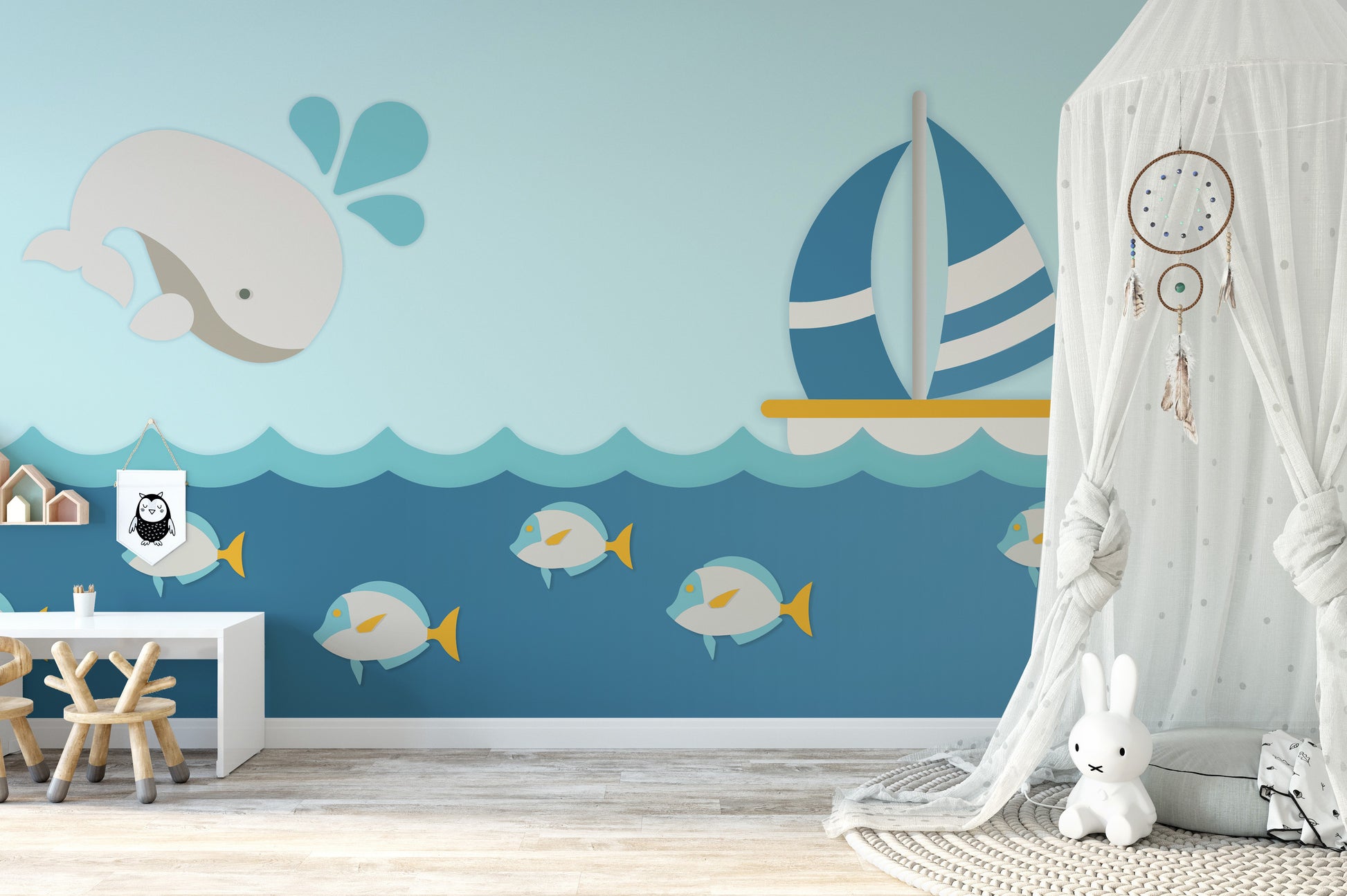 Blue ocean kids wallpaper with boat and swimming fish
