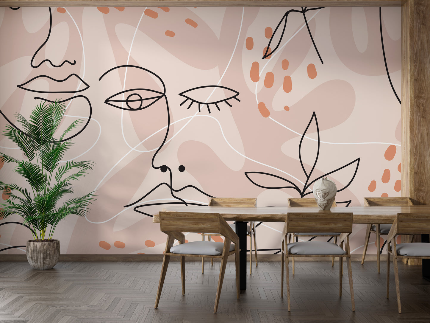 Artistic large wallpaper mural with pink face line
