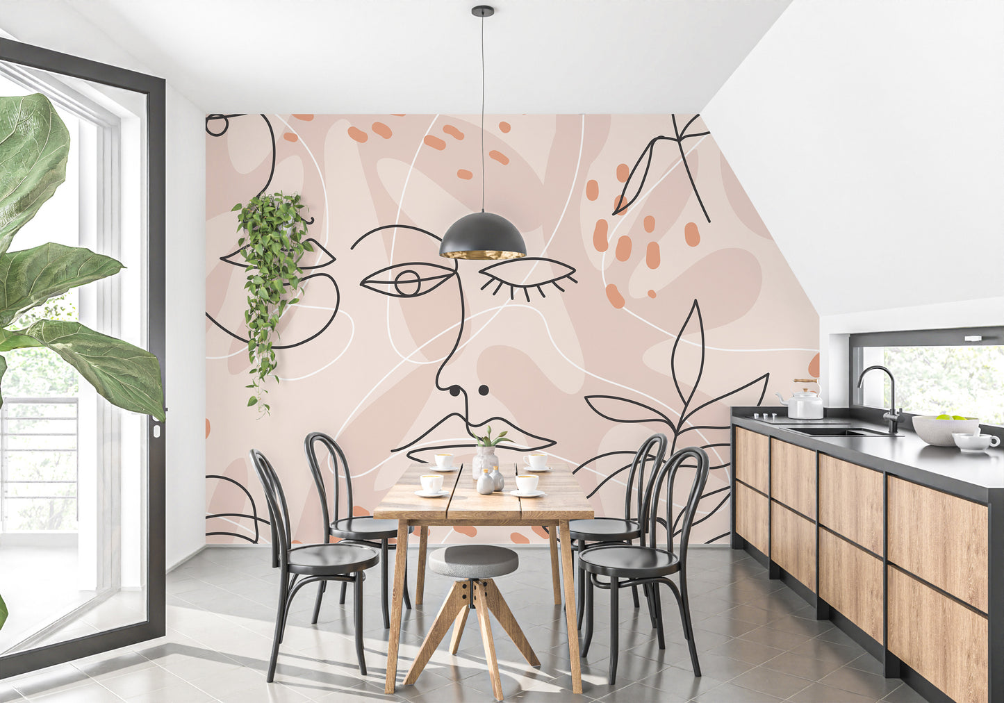 Human face line art pink mural wallpaper for rooms
