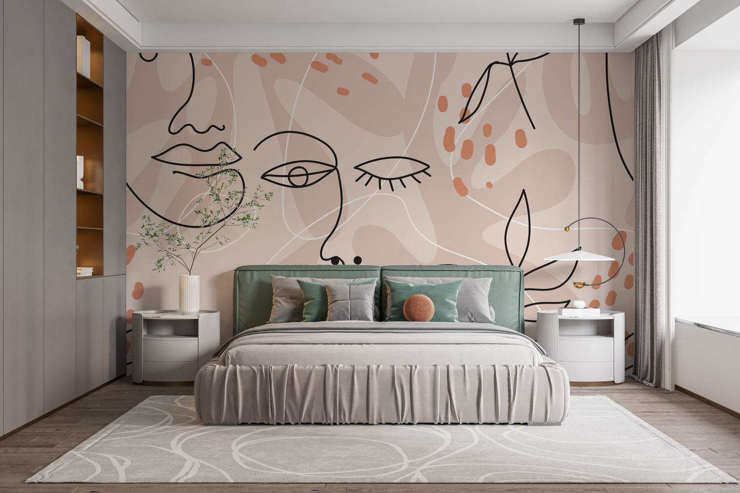 Large Human Face Line Pink Wallpaper Murals