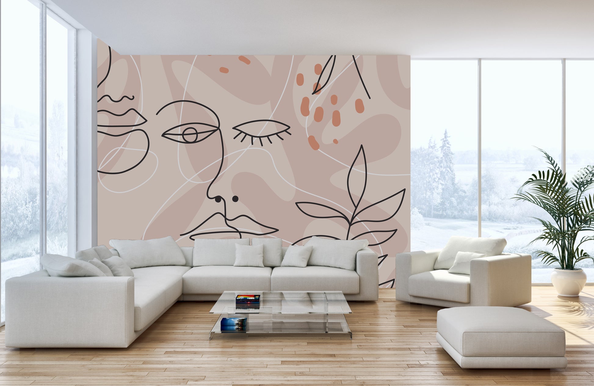 Bold human face outline pink mural wallpaper style
