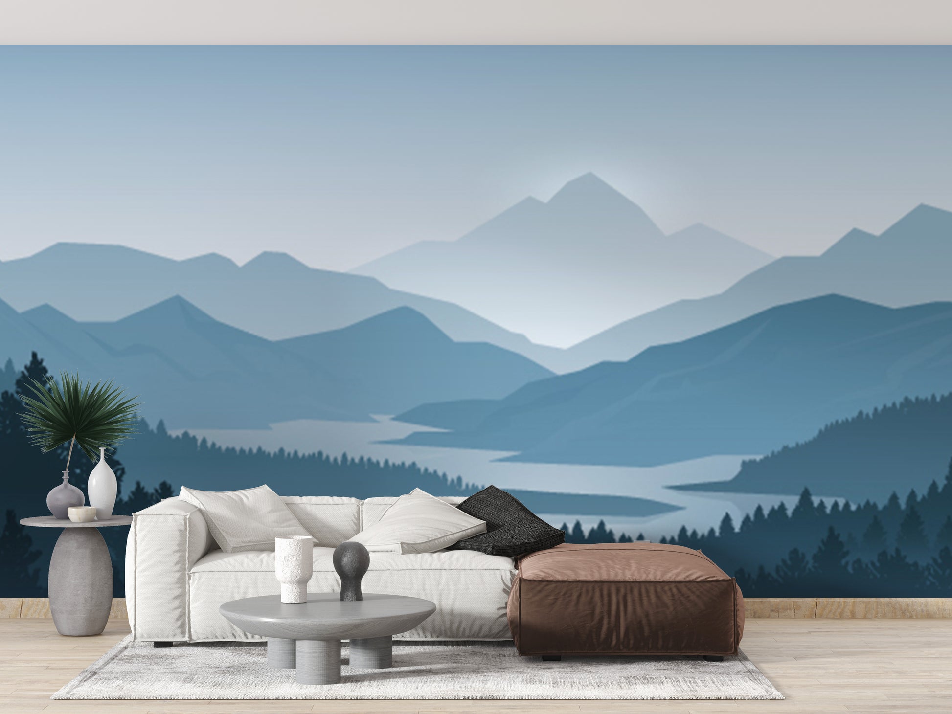 Serene blue forest mural wallpaper for living spaces
