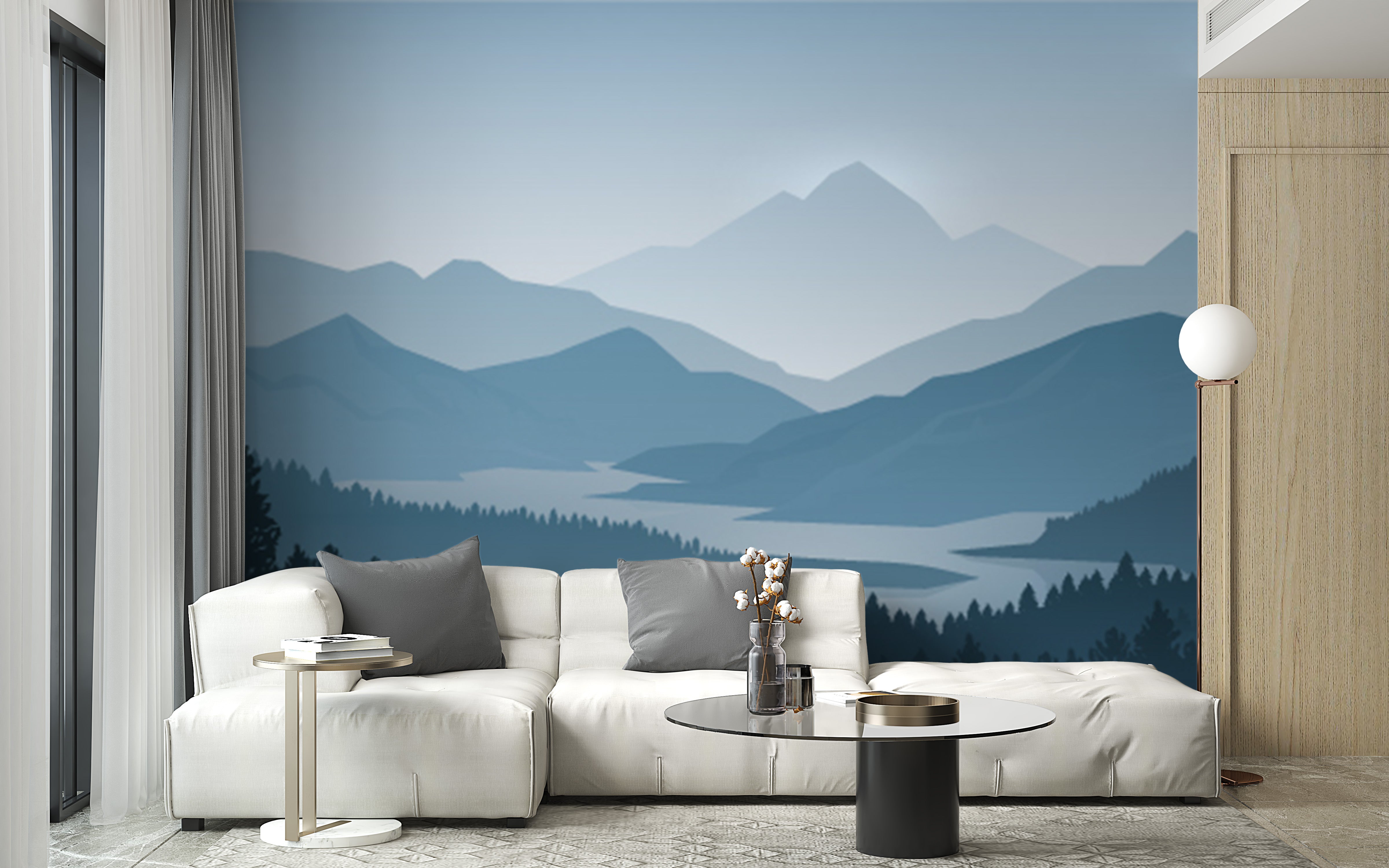 Nature-inspired blue mountain forest wallpaper mural
