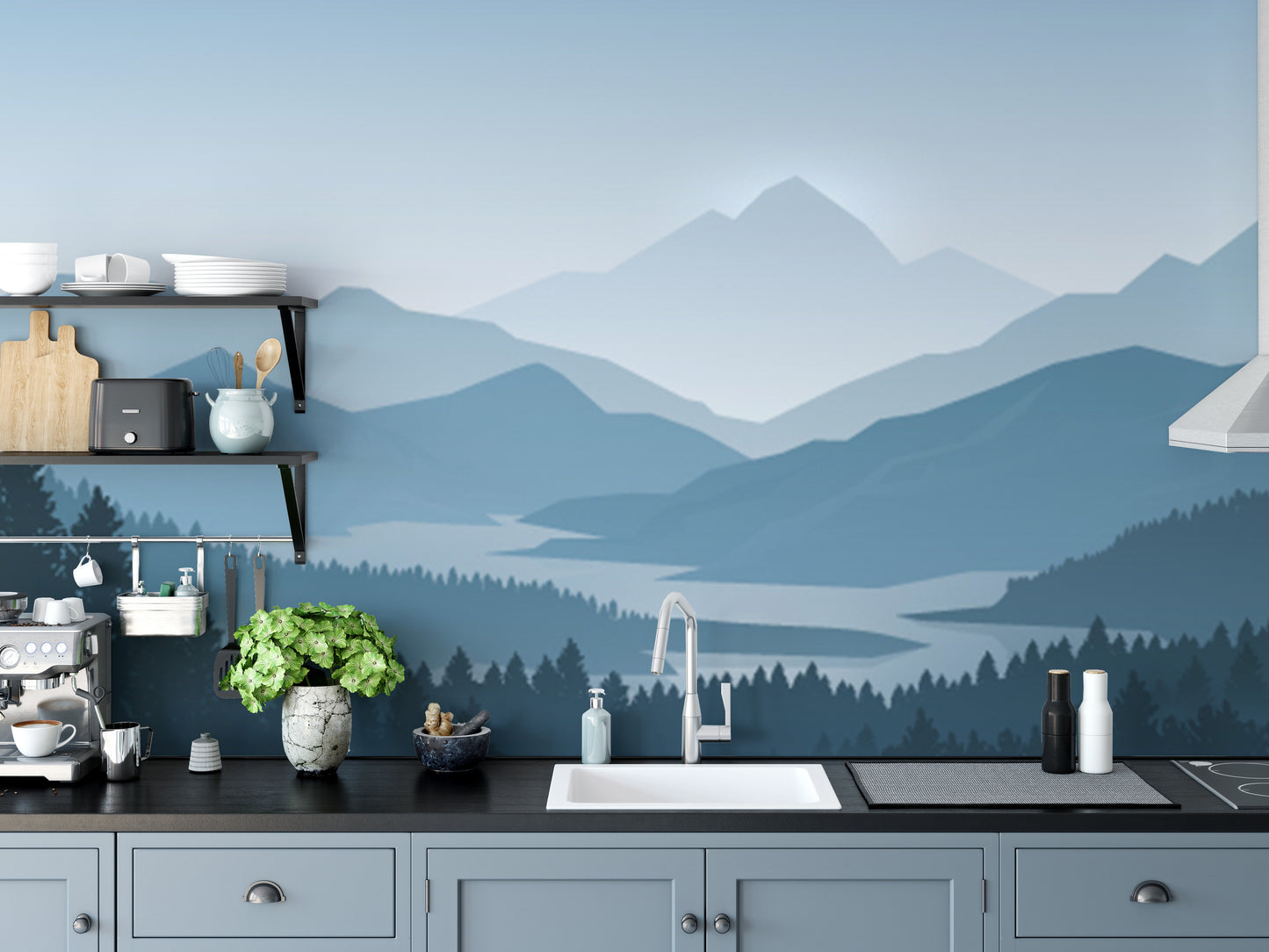 Blue Color Foggy Forest Mountain Wallpaper Murals - Giffywalls