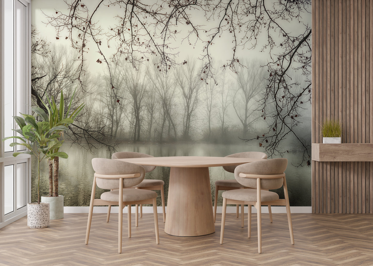 Foggy Spooky Woodland Forest With River Wallpaper Murals