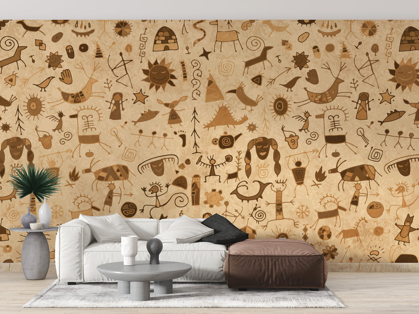 Cultural wallpaper mural featuring Warli art designs
