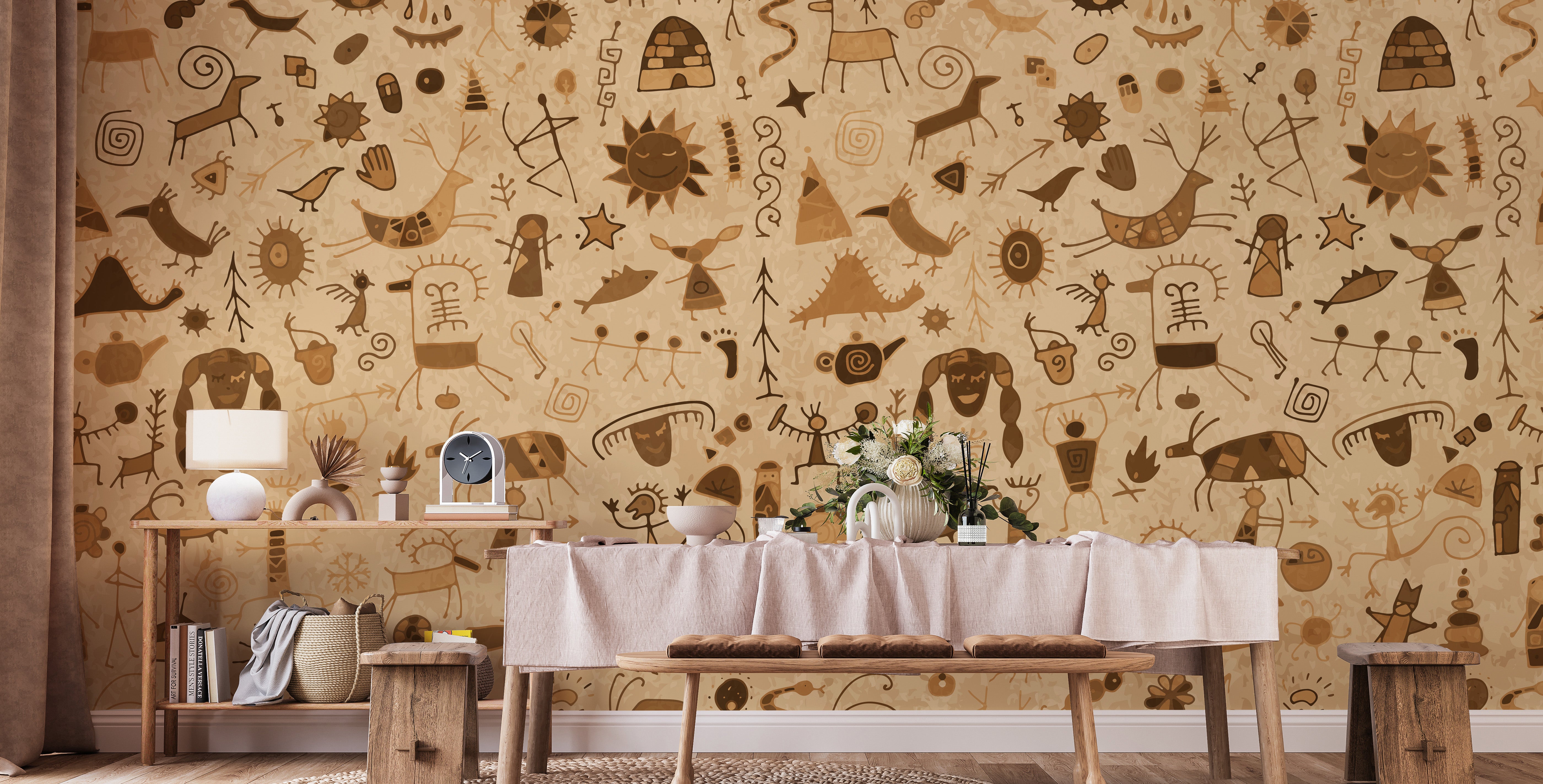 Tribal-inspired Warli art mural for artistic interiors
