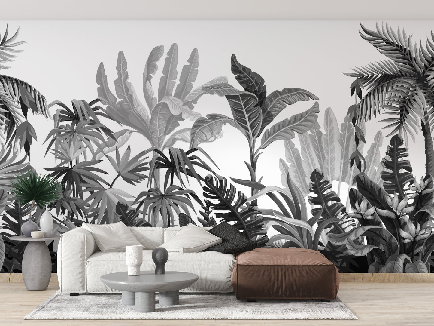 Black & White Tropical Banana Leaves Wallpaper Mural