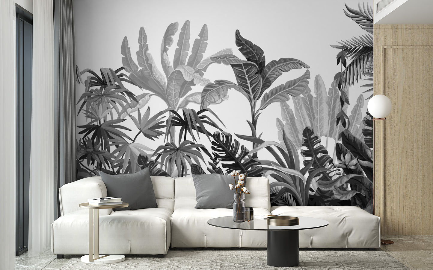 Black & White Tropical Banana Leaves Wallpaper Mural