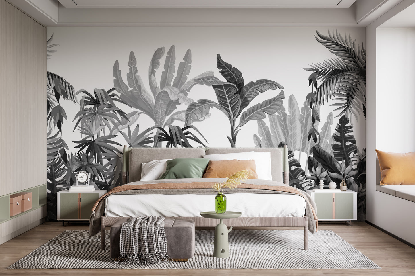 Black & White Tropical Banana Leaves Wallpaper Mural