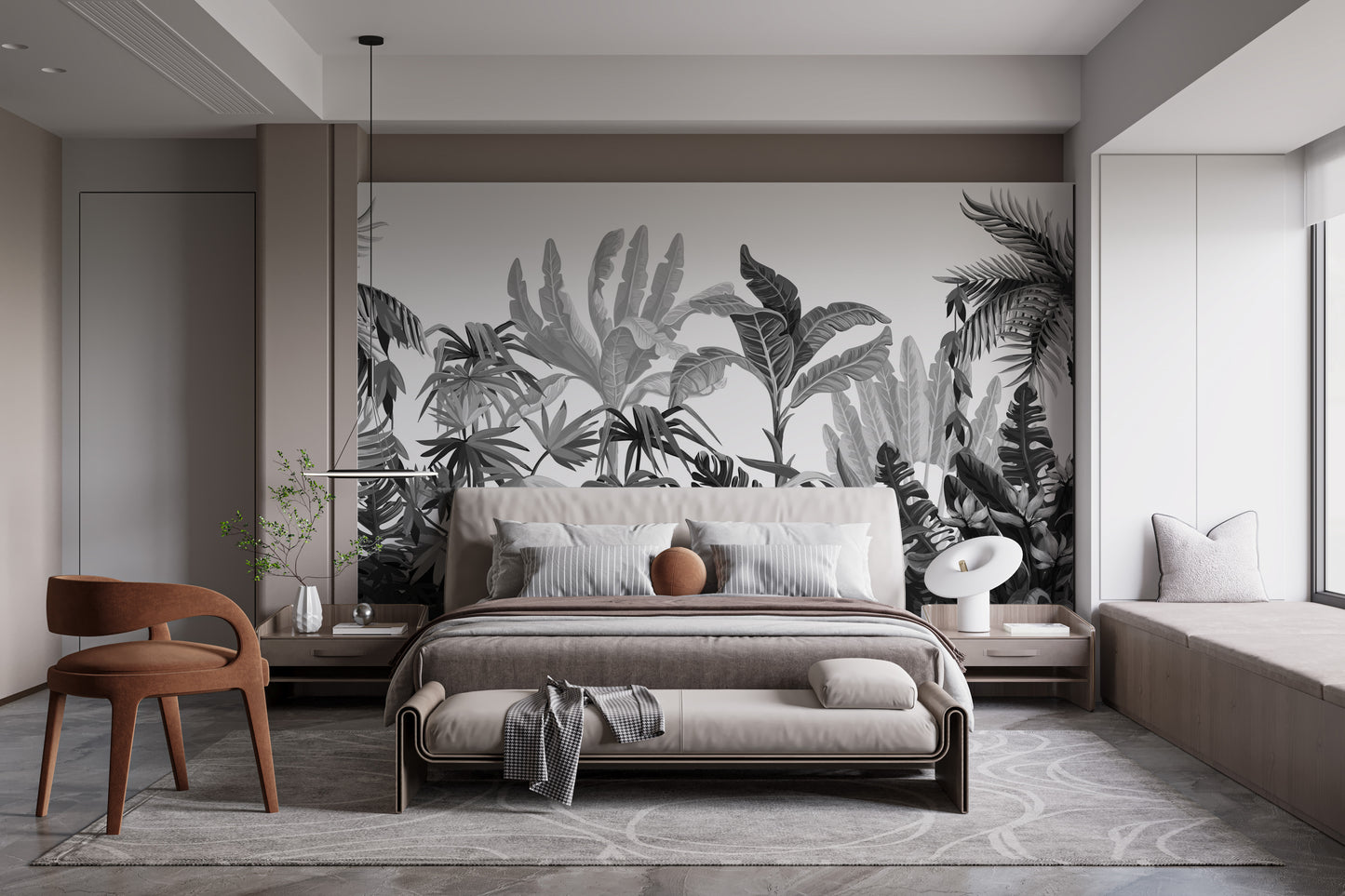 Black & White Tropical Banana Leaves Wallpaper Mural