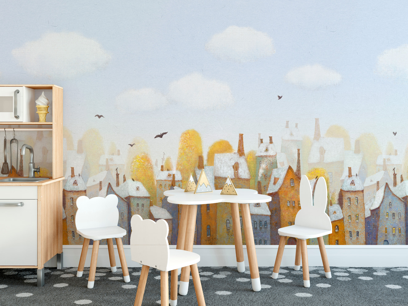 Watercolor city view mural for modern interiors
